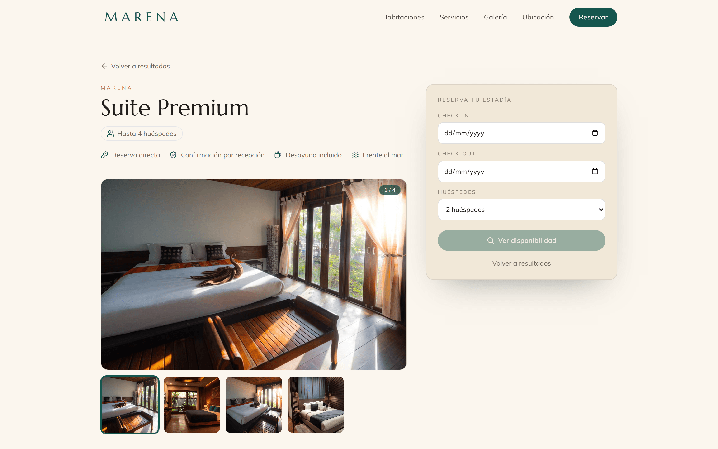 Web de reservas — detalle de habitación