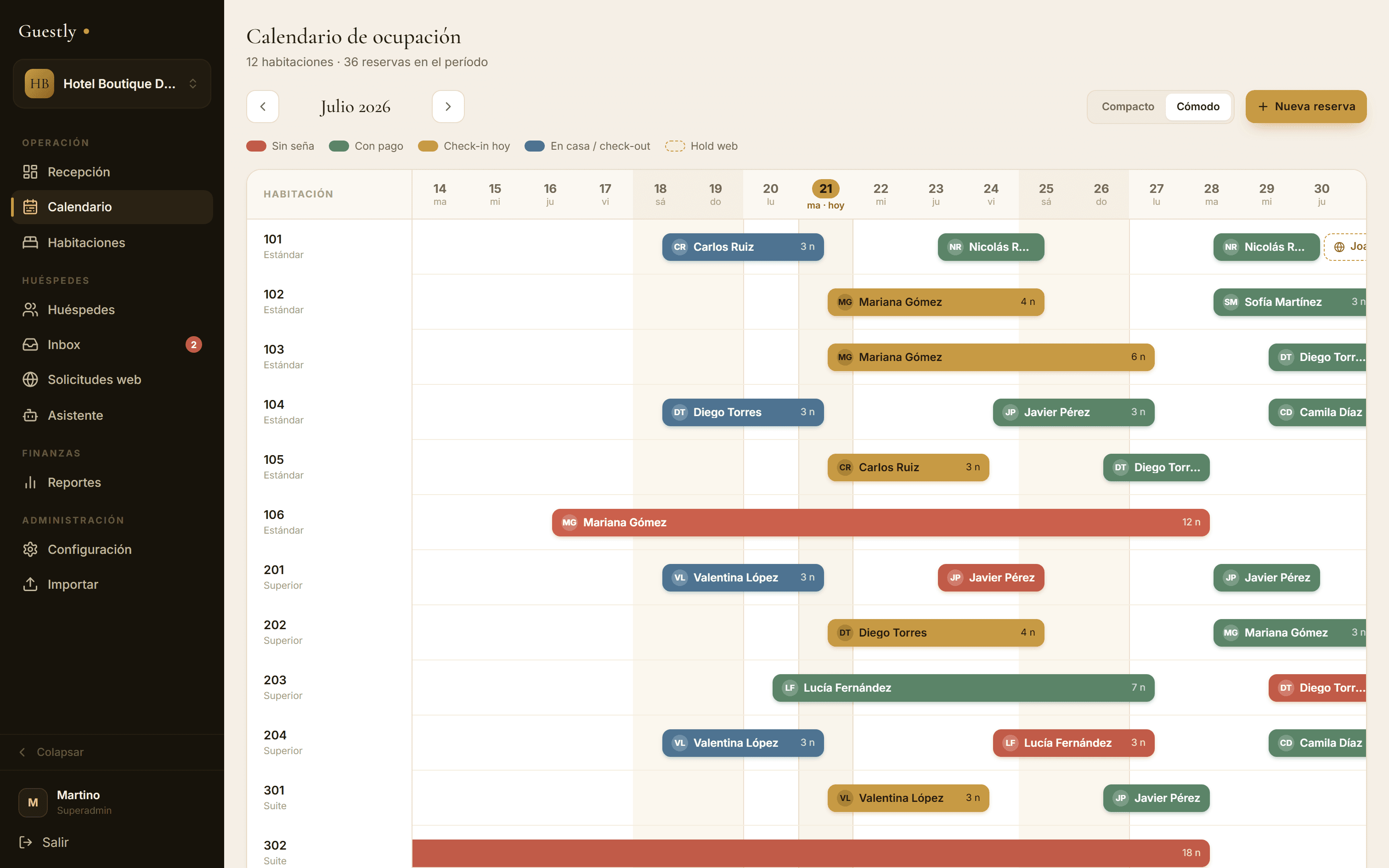 Guestly — calendario de ocupación